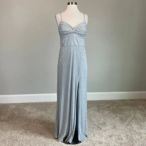 AQUA Sparkly Sleeveless A-Line Evening Gown Metallic Silver Size 10 Formal Dress - Picture 2 of 10